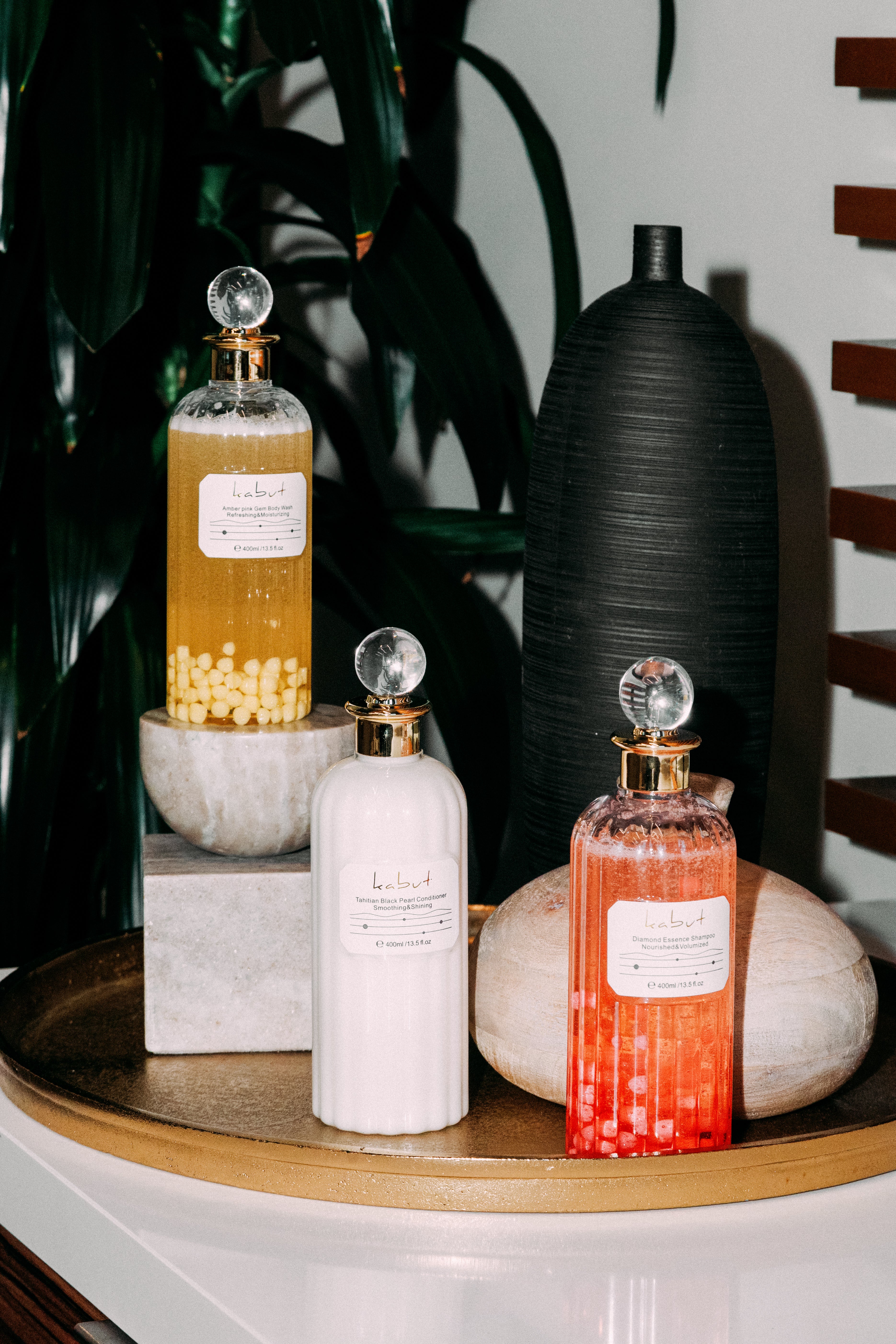 KABUT Premium Care Trio Bundle  - Amber Pink Gemstone Amino Acid Body Wash + Diamond Essence Shampoo + Tahitian Black Pearl Conditioner