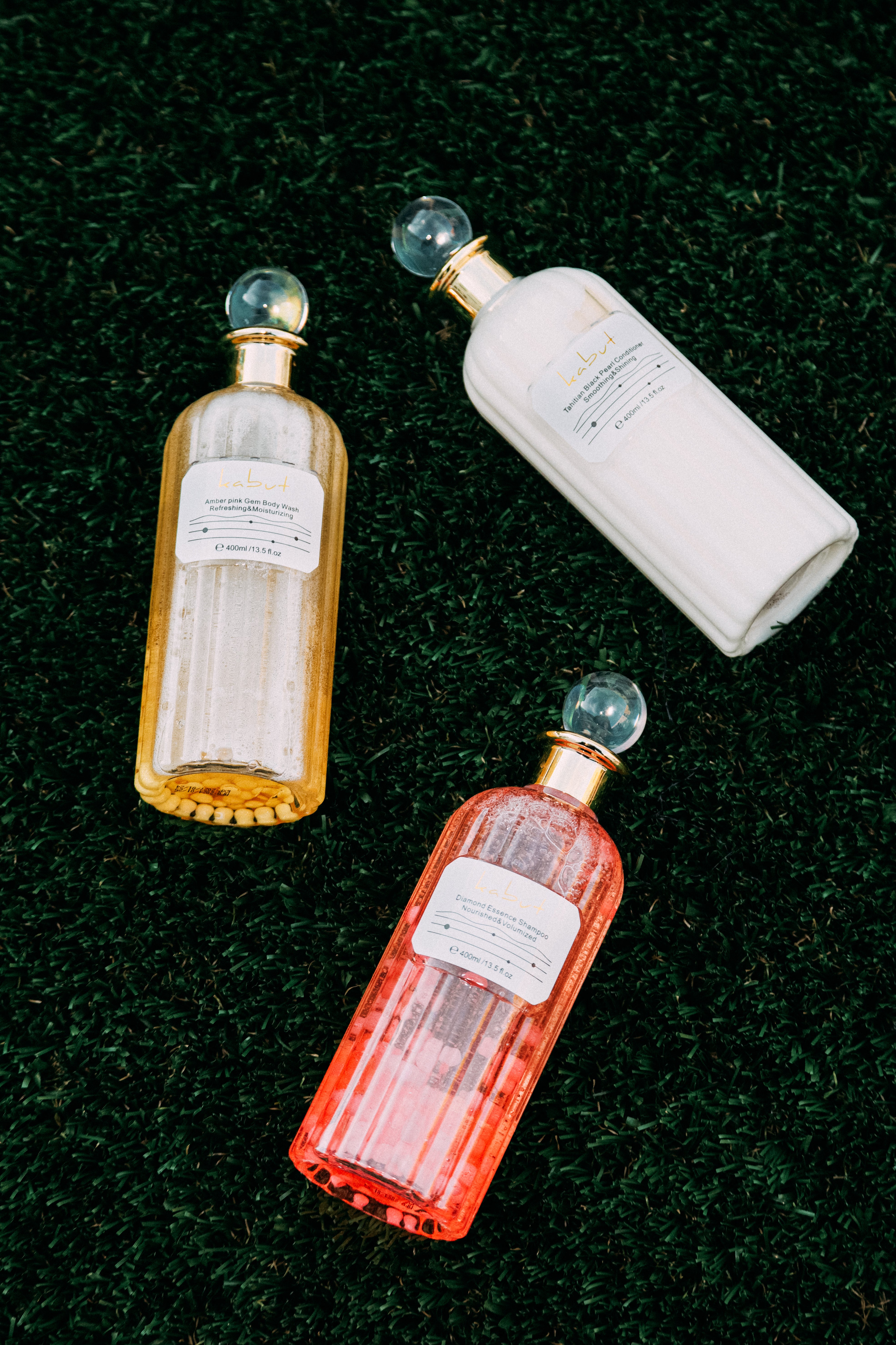 KABUT Premium Care Trio Bundle  - Amber Pink Gemstone Amino Acid Body Wash + Diamond Essence Shampoo + Tahitian Black Pearl Conditioner